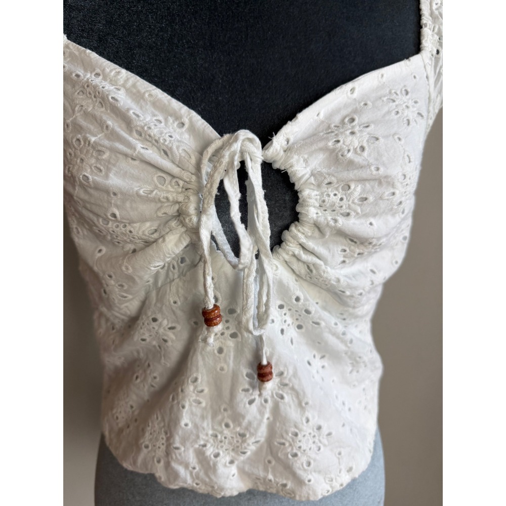 White Eyelet Lace Tie Front Crop Top Smocked Back Boho milkmaid Regencycore - Picture 5 of 12